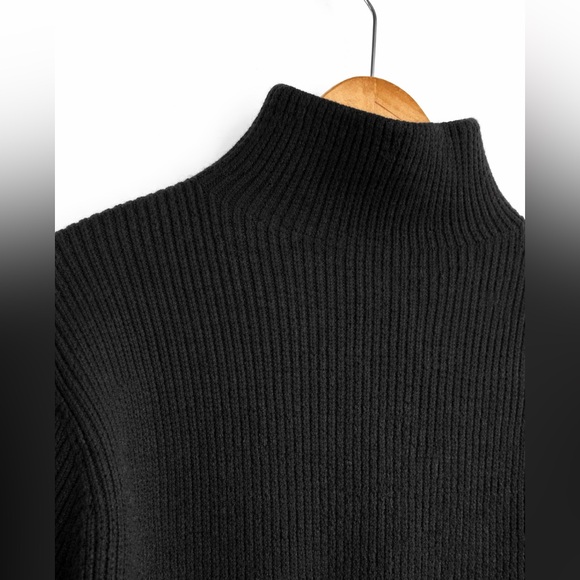 Quince Merino Wool Ribbed Sweater Dress Black Mock Neck Mini M - Picture 3 of 4